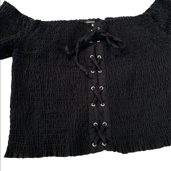 Ambiance On or Off Shoulder smocked Short sleeve Tie Front crop top Size M - Picture 4 of 15